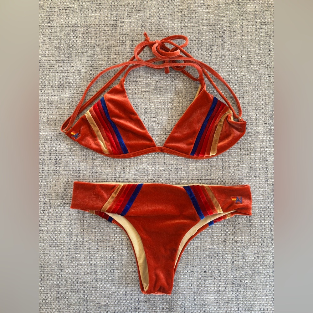 Aviator Nation Red Velvet Bikini with Blue and Gold Stripes